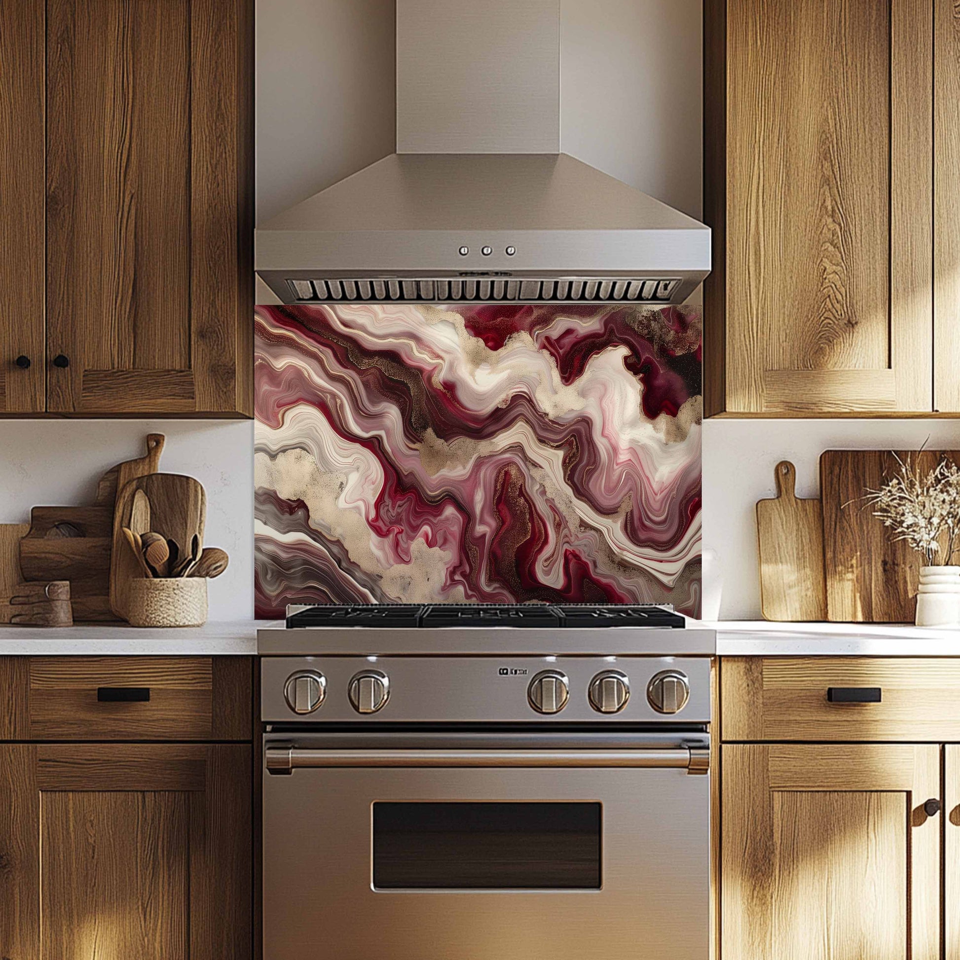 Stainless steel oven with marbled backsplash in a kitchen setting