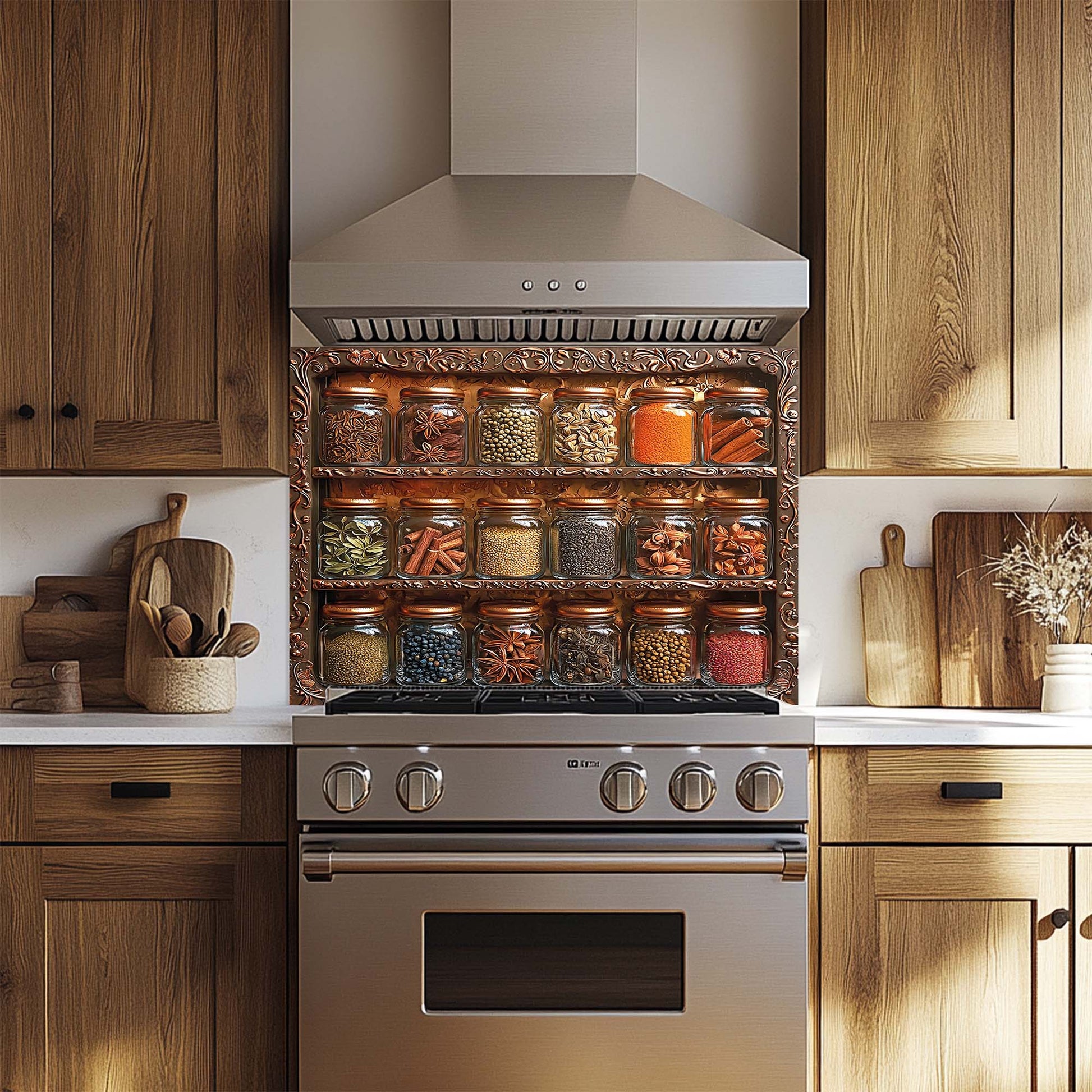 Stainless steel oven with decorative glass backsplash in a kitchen setting