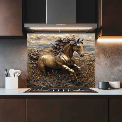 Kitchen with a decorative horse splashback panel above a stove.