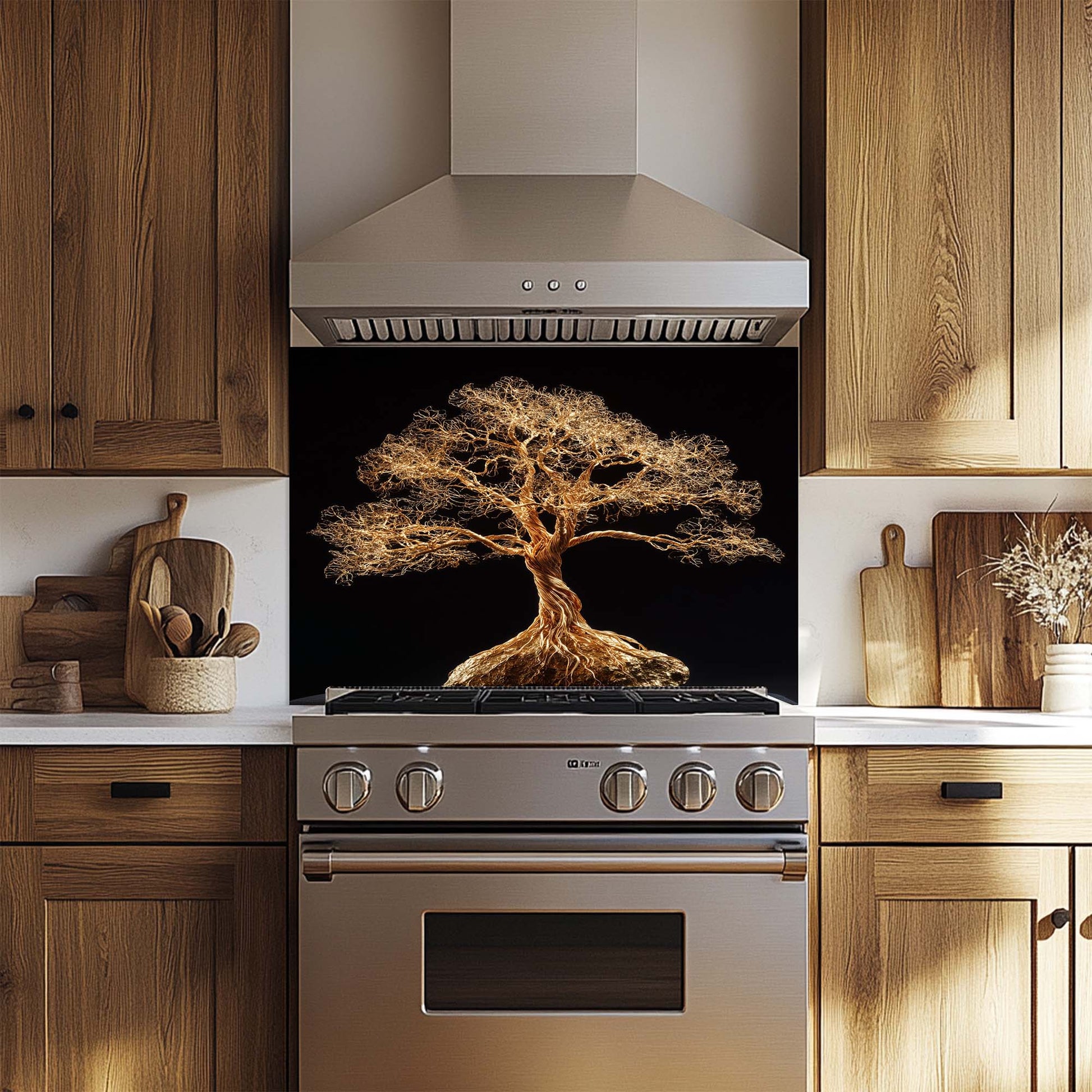 Striking gold wire tree design glass backsplash. Glossy tempered glass, heat-resistant, custom size available.