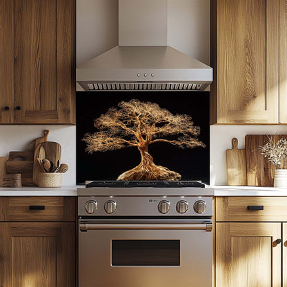 Striking gold wire tree design glass backsplash. Glossy tempered glass, heat-resistant, custom size available.