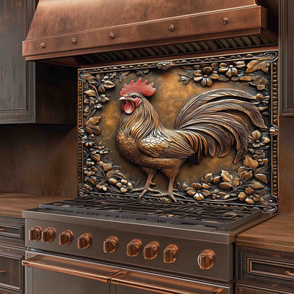 Decorative stove backsplash with a rooster design in a rustic kitchen setting
