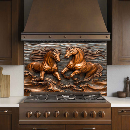 Stainless steel stove with decorative horse splashback on the back in a kitchen setting
