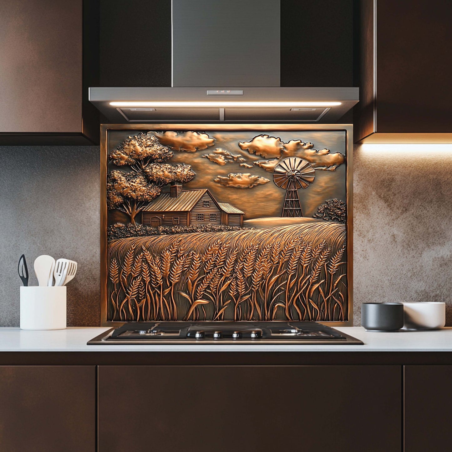 Decorative glass splashback with a rustic scene in a kitchen