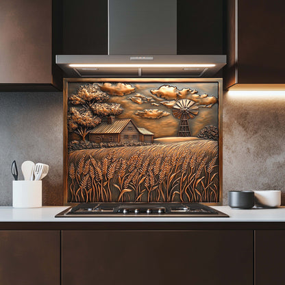Decorative glass splashback with a rustic scene in a kitchen