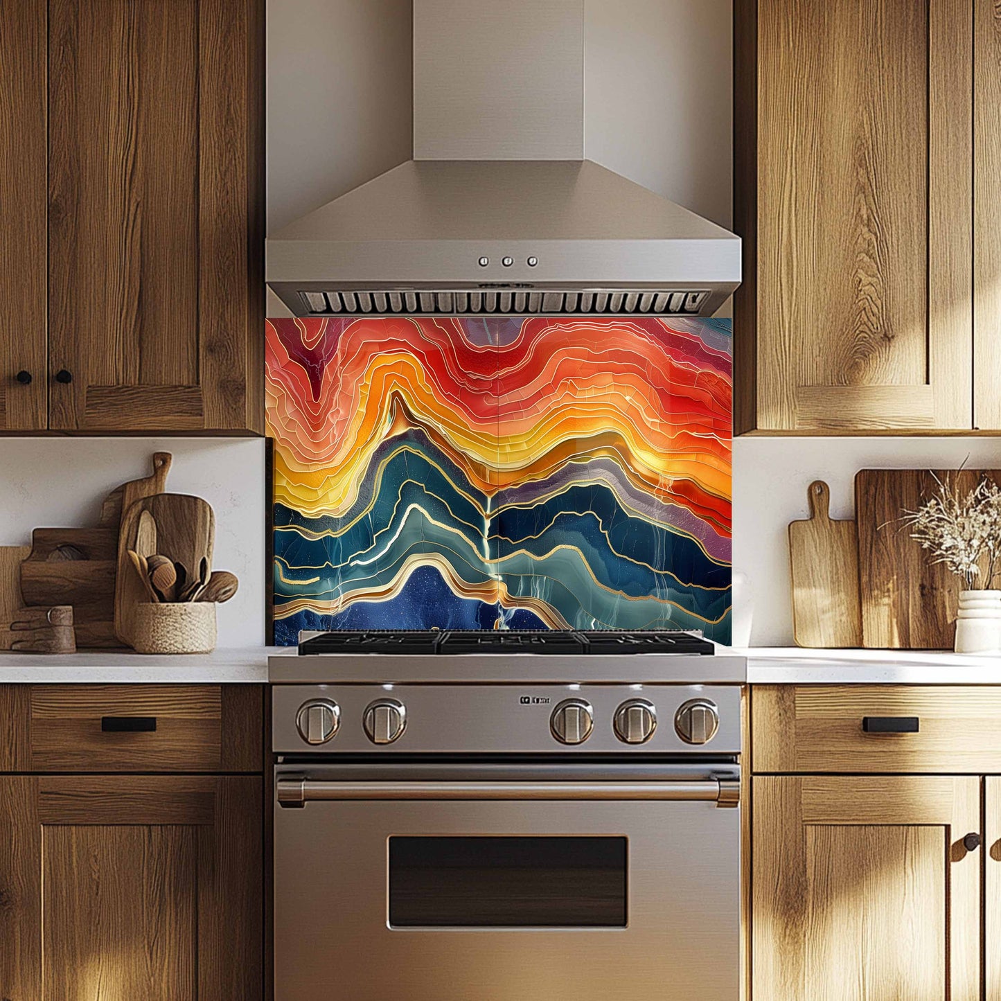 Kitchen with a colorful abstract design on an oven