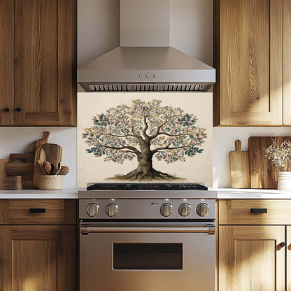 Botanical Tree of Life glass backsplash with soft earthy tones. Elegant and functional stove backsplash.