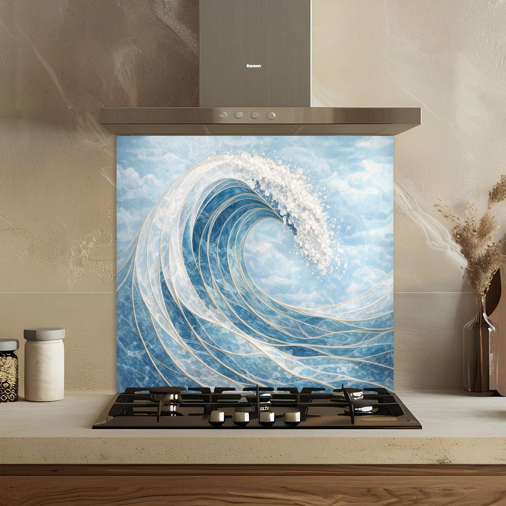 Kitchen with a decorative glass splashback featuring a wave design.