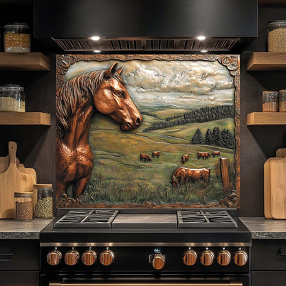 Stove with a decorative backsplash featuring a horse and landscape design.