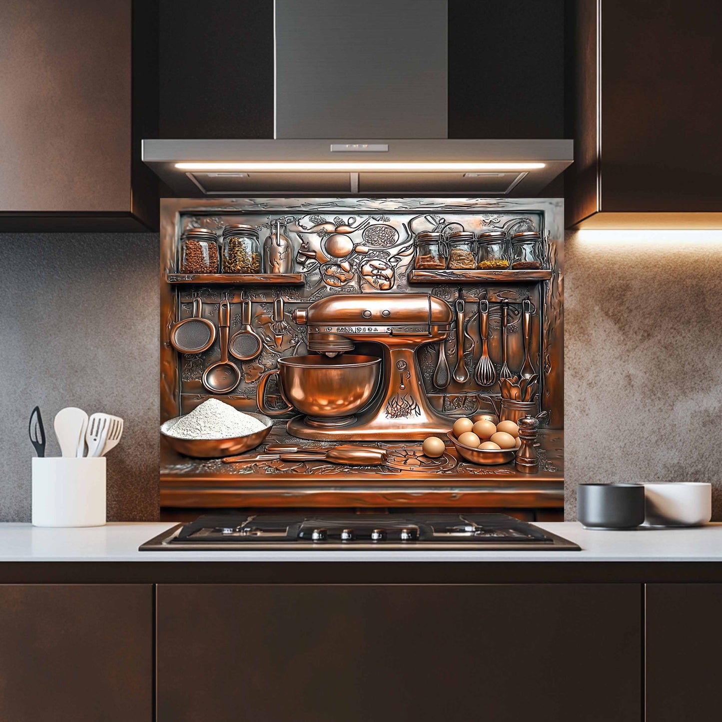 Decorative backsplash with kitchen-themed design in a modern kitchen.