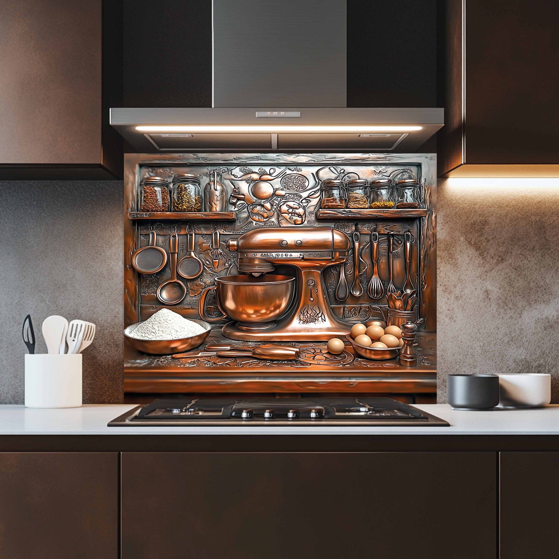 Decorative backsplash with kitchen-themed design in a modern kitchen.