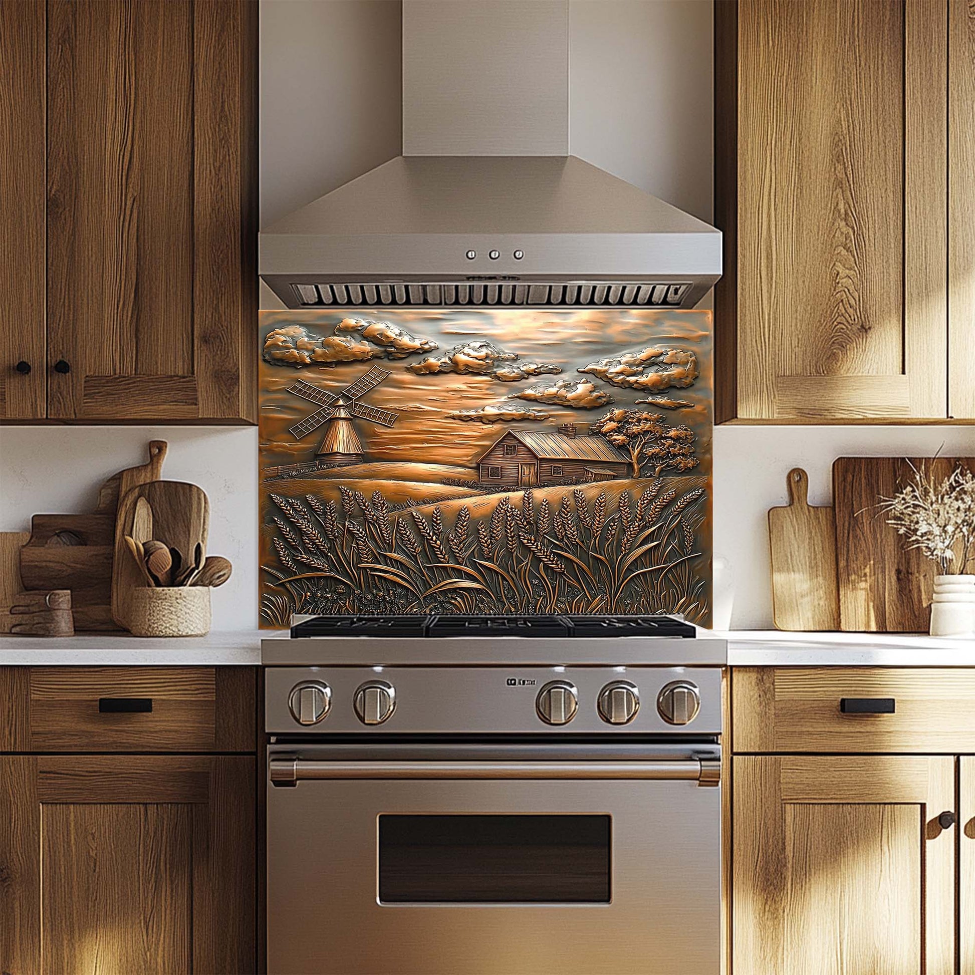 Rustic tempered glass backsplash with farmhouse, windmill, and wheat field in copper tones