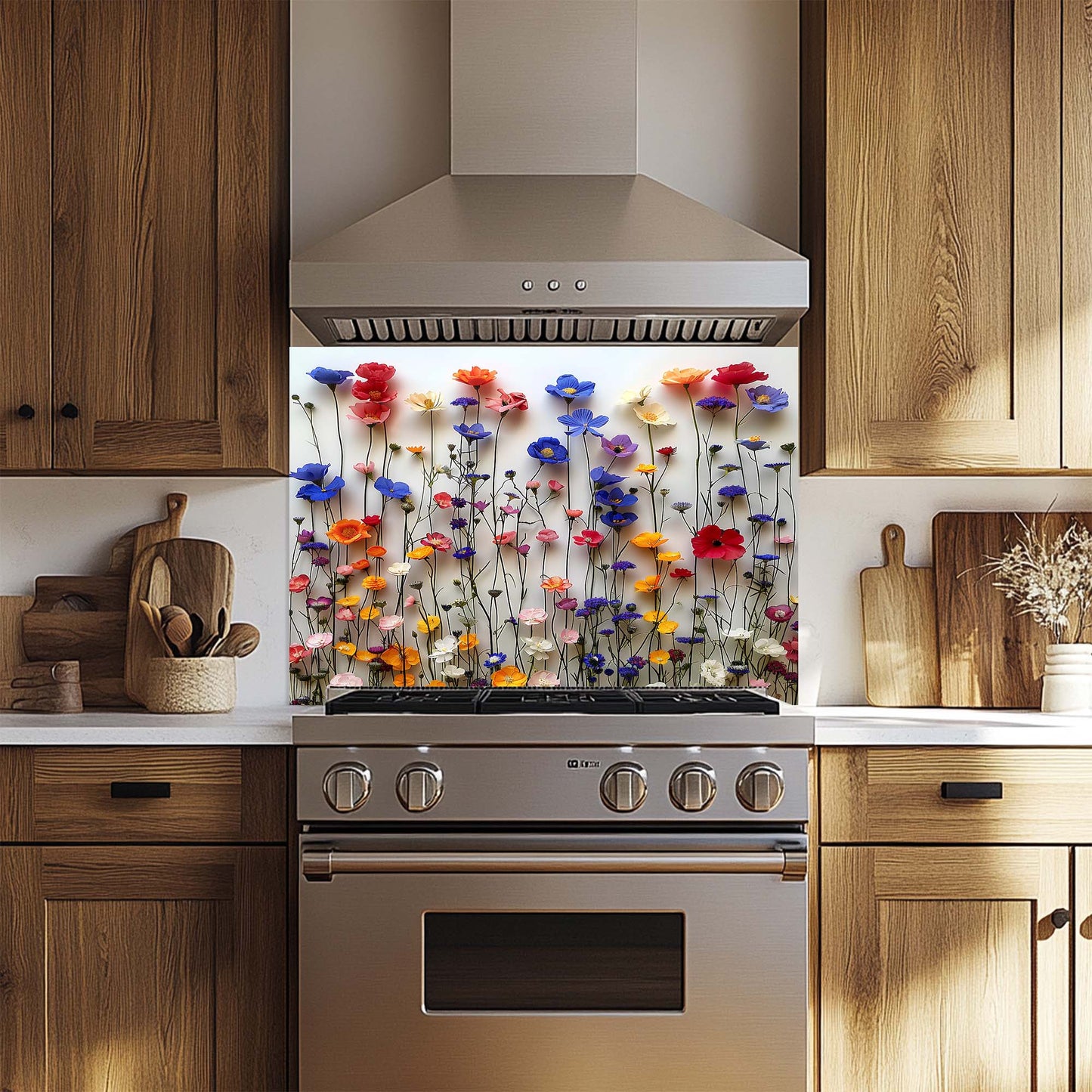 Kitchen with a decorative floral glass backsplash above a stove.
