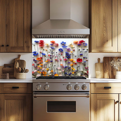 Kitchen with a decorative floral glass backsplash above a stove.