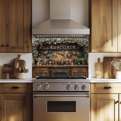 Tempered glass backsplash with copper kitchen cookware, herbs, and orange garland – rustic stove panel design