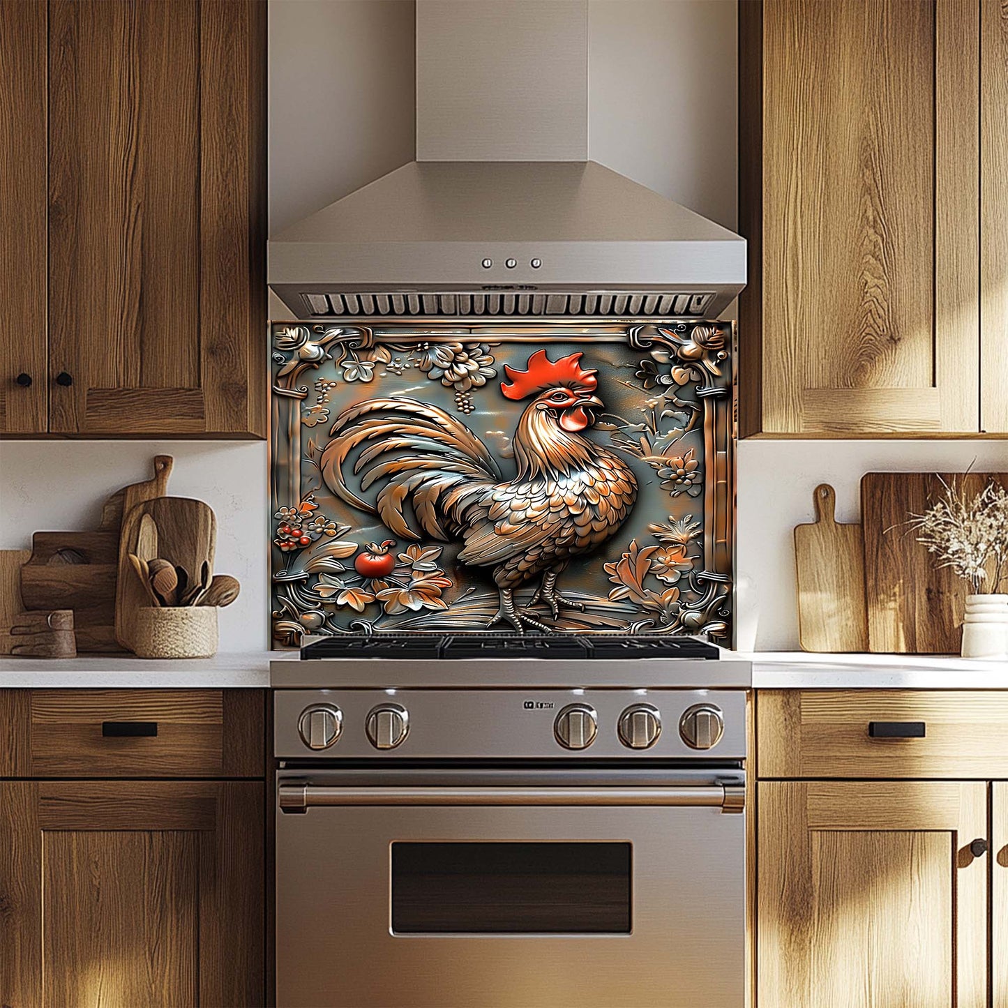 Decorative rooster glass backsplash on a kitchen stove with wooden cabinets and utensils.