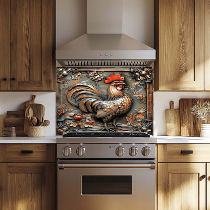 Decorative rooster glass backsplash on a kitchen stove with wooden cabinets and utensils.