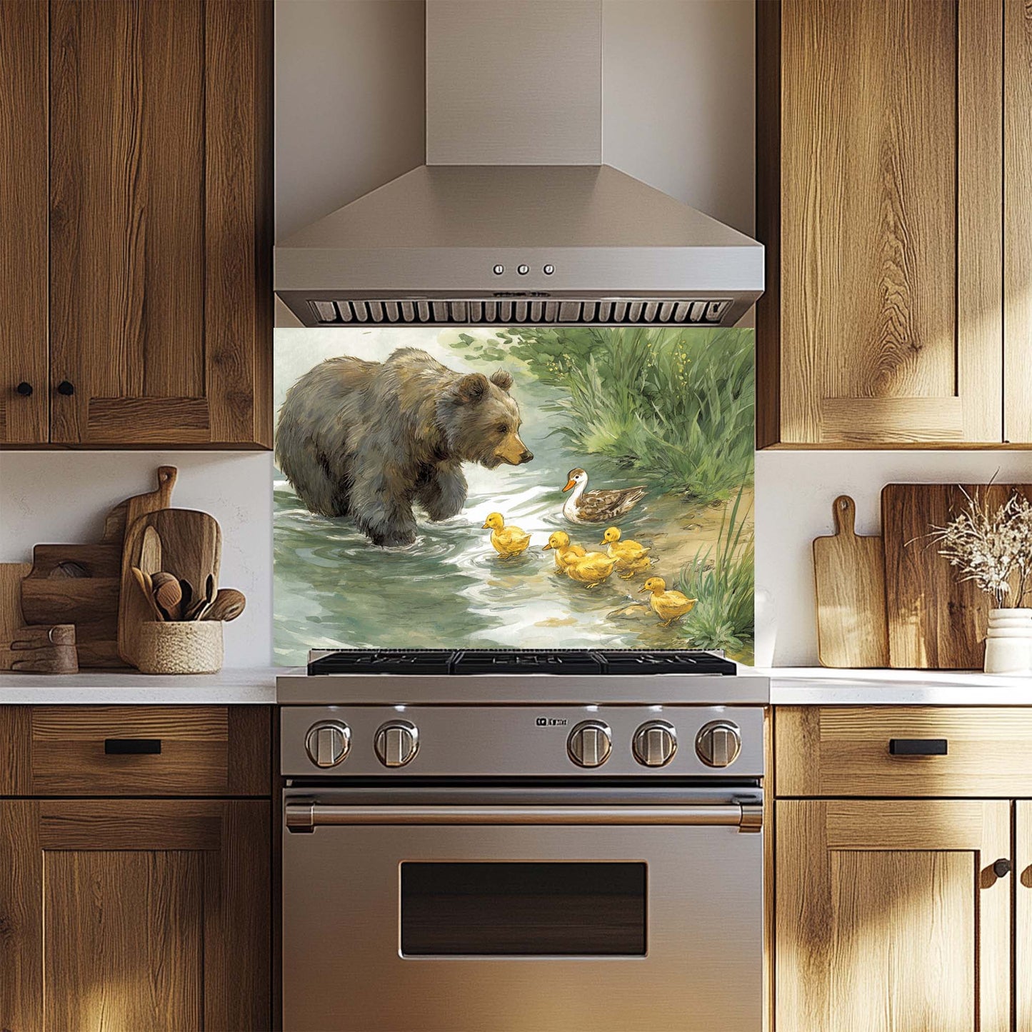 Stainless steel oven with a decorative glass backsplash featuring a bear and ducklings in a natural setting.