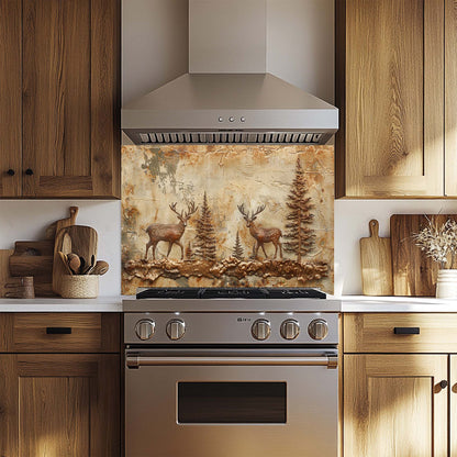 Rustic kitchen glass backsplash with two copper deer in forest. Durable tempered glass, heat-resistant & custom-sized.