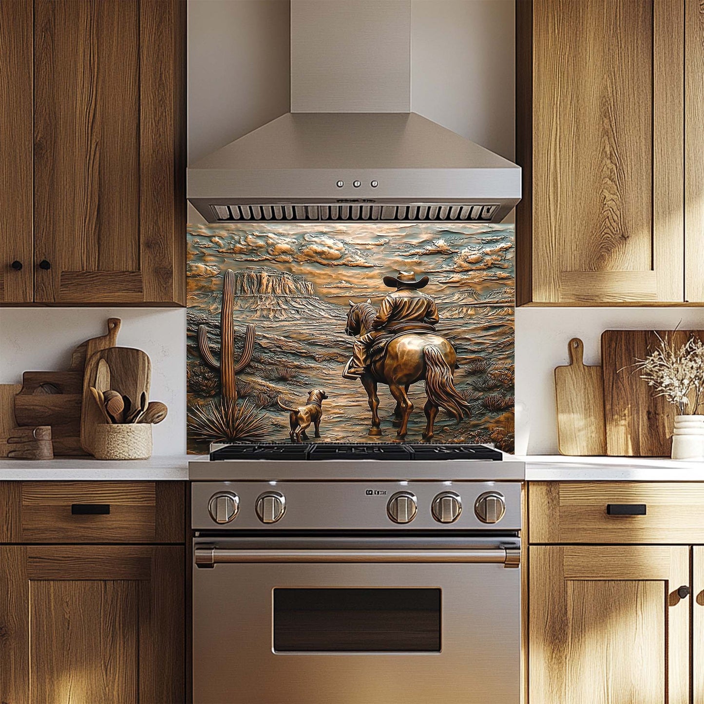 Stainless steel oven with decorative glass backsplash featuring a cowboy scene in a kitchen.