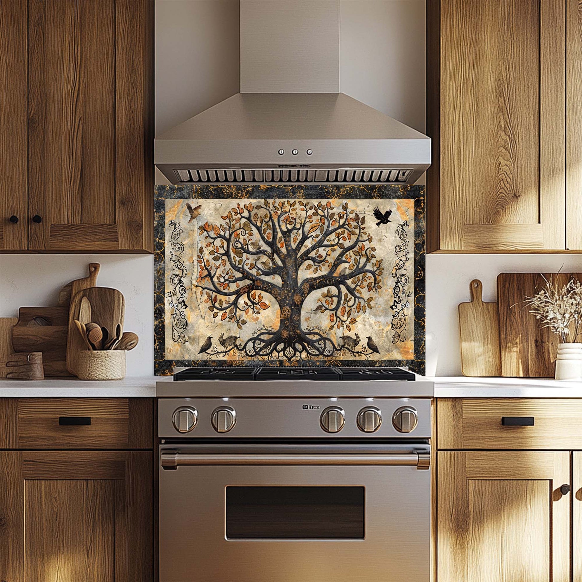 Stainless steel oven with decorative glass backsplash featuring a tree design in a kitchen setting.