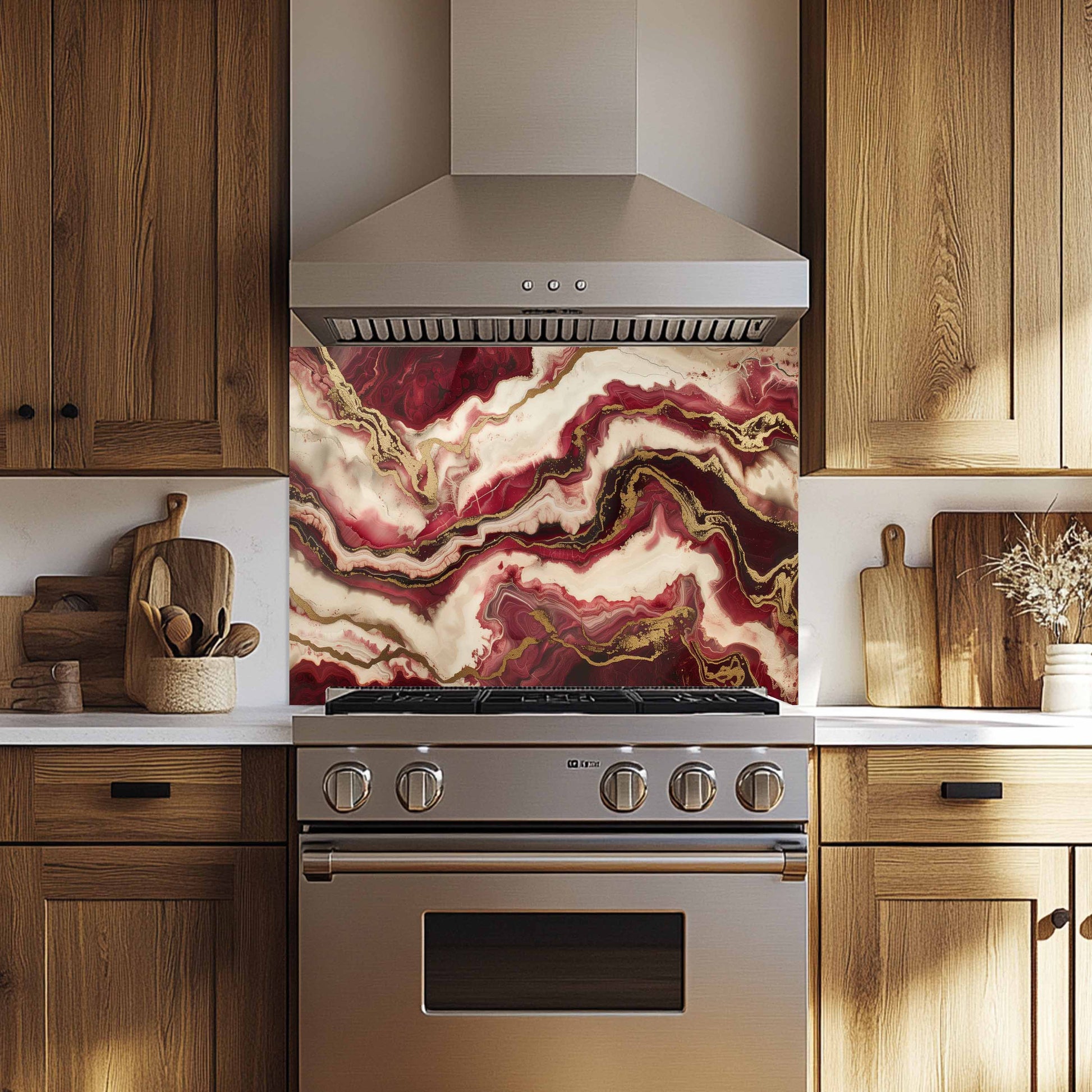 Kitchen with a decorative backsplash featuring a red and gold abstract pattern.