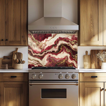 Kitchen with a decorative backsplash featuring a red and gold abstract pattern.