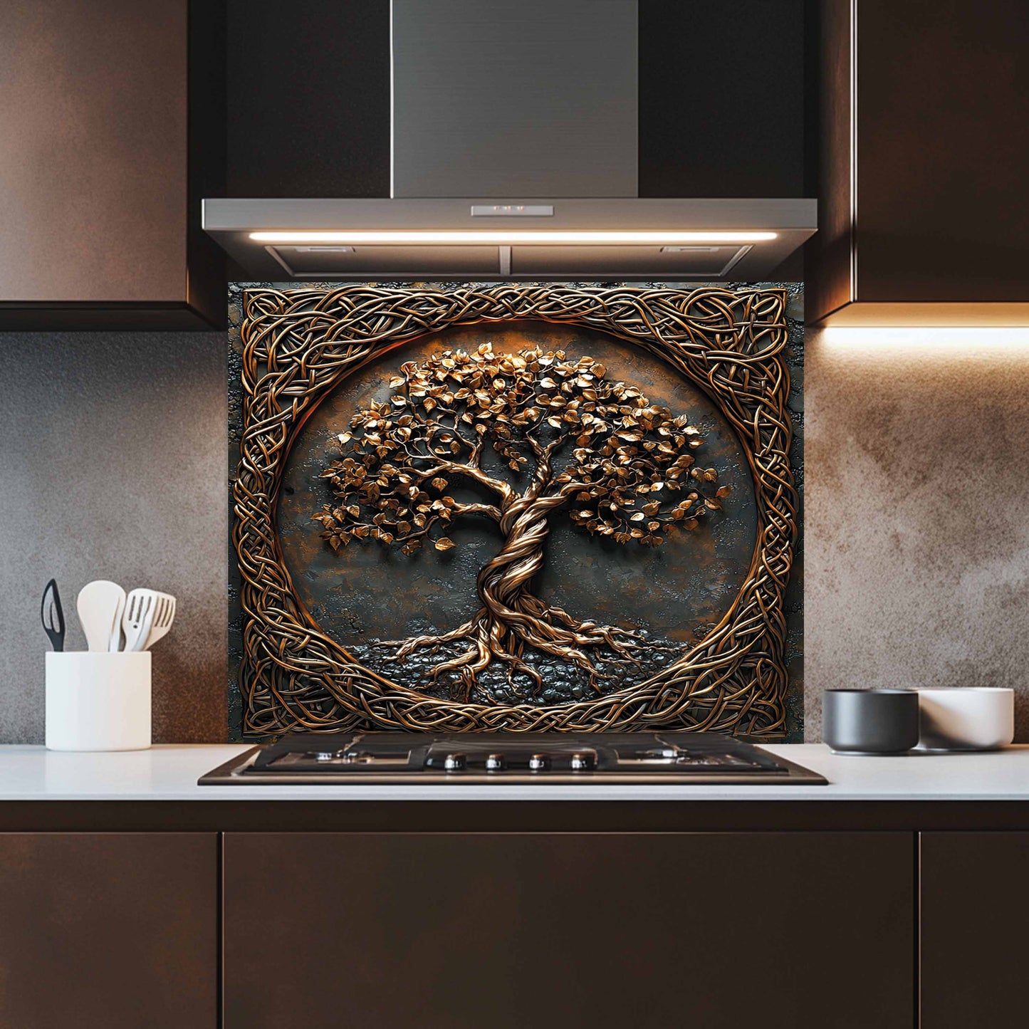 Tempered glass backsplash of a tree with intricate patterns above a kitchen stove.