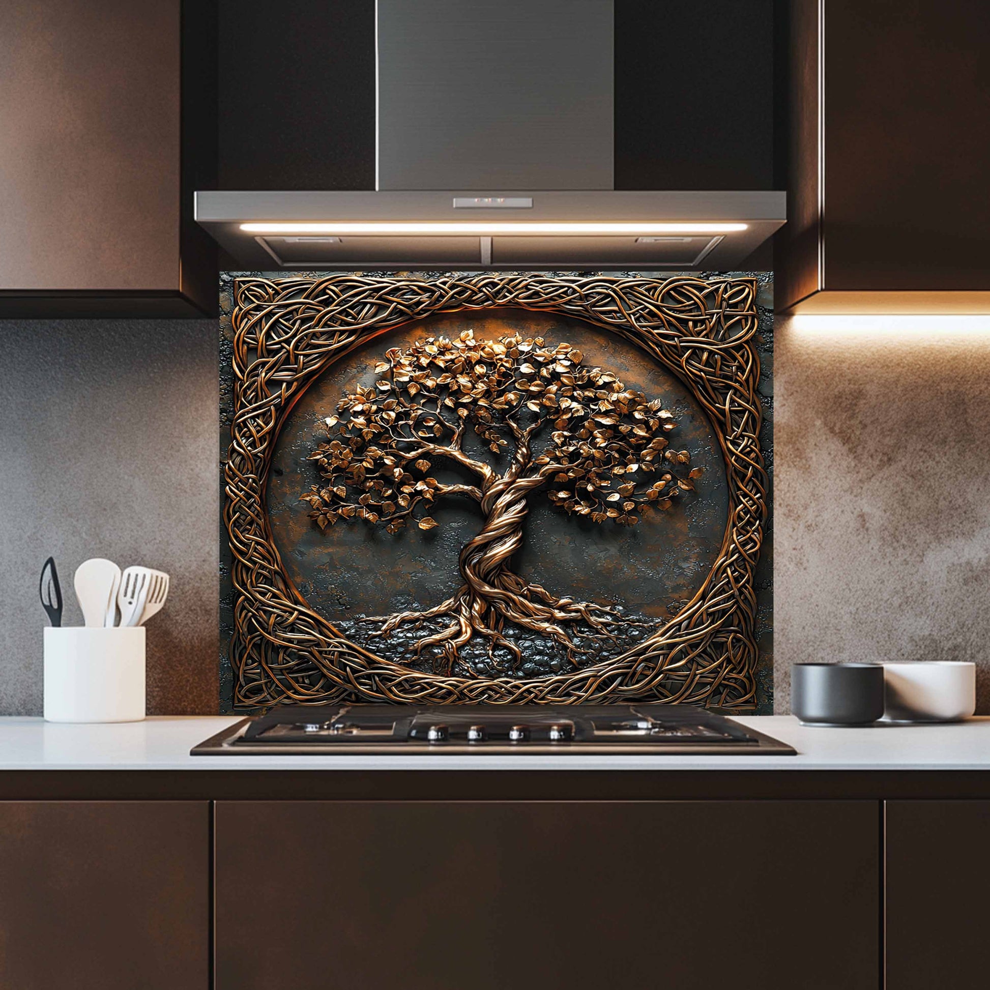 Tempered glass backsplash of a tree with intricate patterns above a kitchen stove.