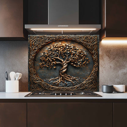 Tempered glass backsplash of a tree with intricate patterns above a kitchen stove.