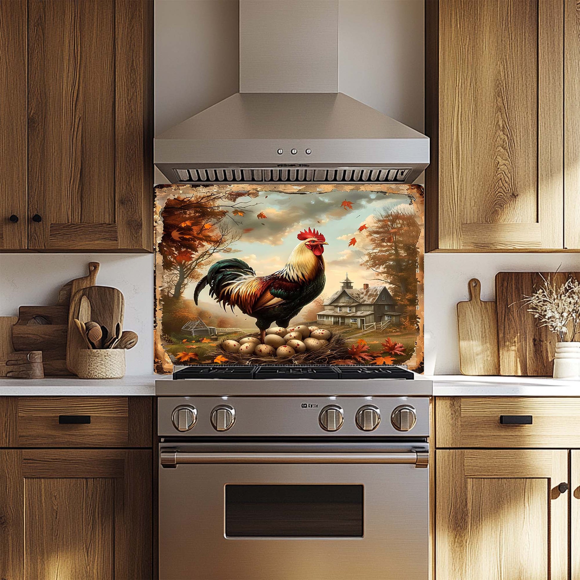 Stainless steel oven with a decorative glass backsplash featuring a rooster in a farm setting, set against wooden kitchen cabinets.