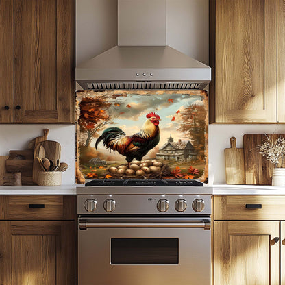 Stainless steel oven with a decorative glass backsplash featuring a rooster in a farm setting, set against wooden kitchen cabinets.