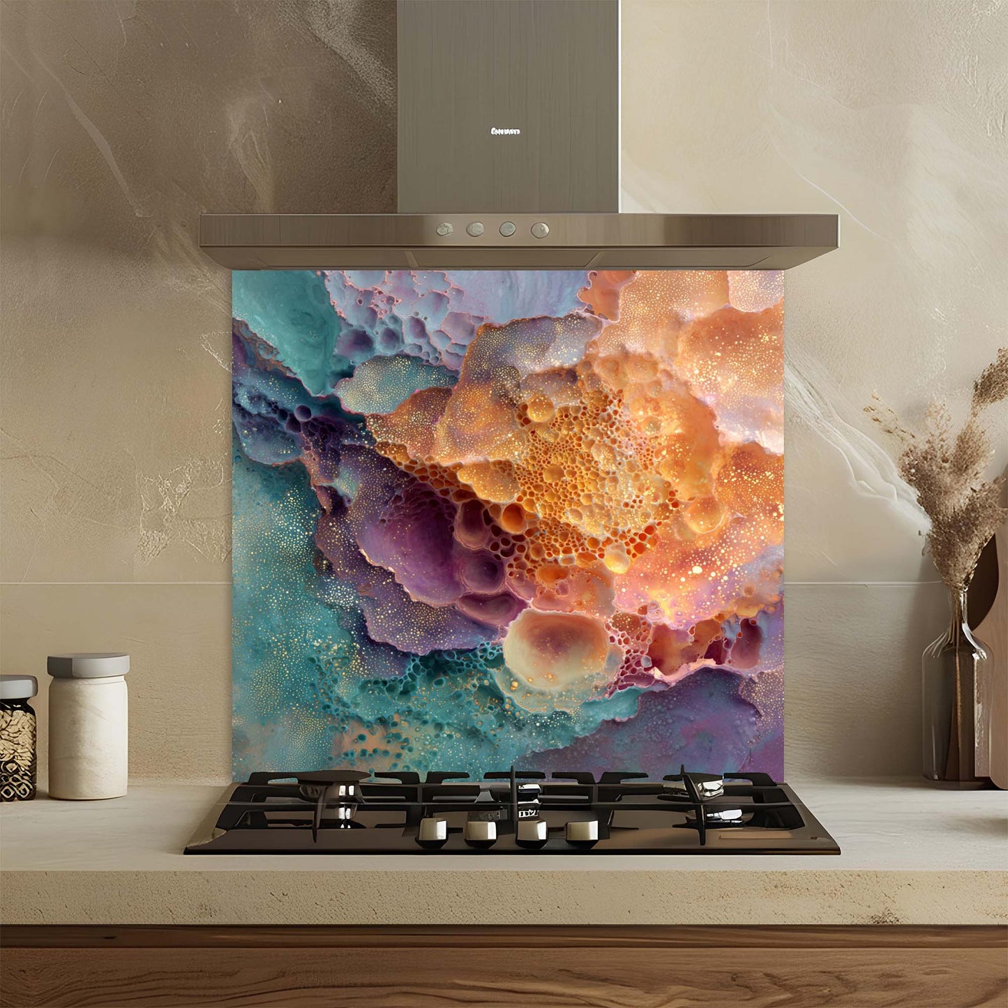 Kitchen with a gas stove and colorful glass backsplash