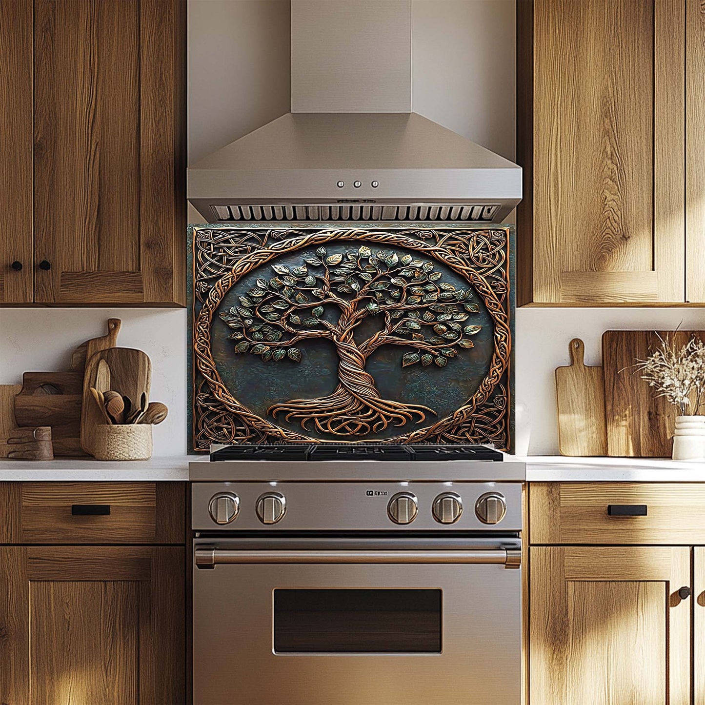 Decorative oven backsplash with tree design in a kitchen setting