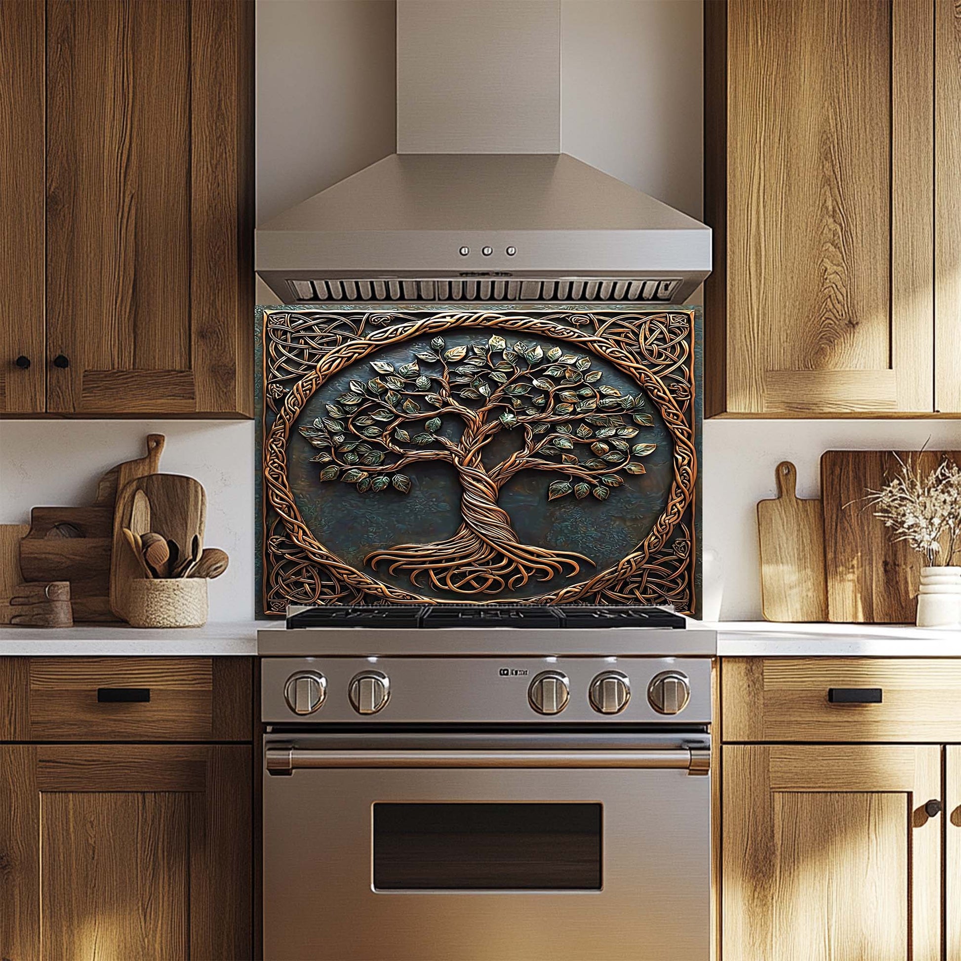 Decorative oven backsplash with tree design in a kitchen setting