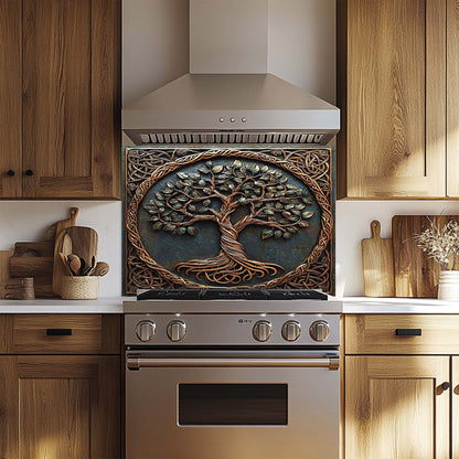 Decorative oven backsplash with tree design in a kitchen setting