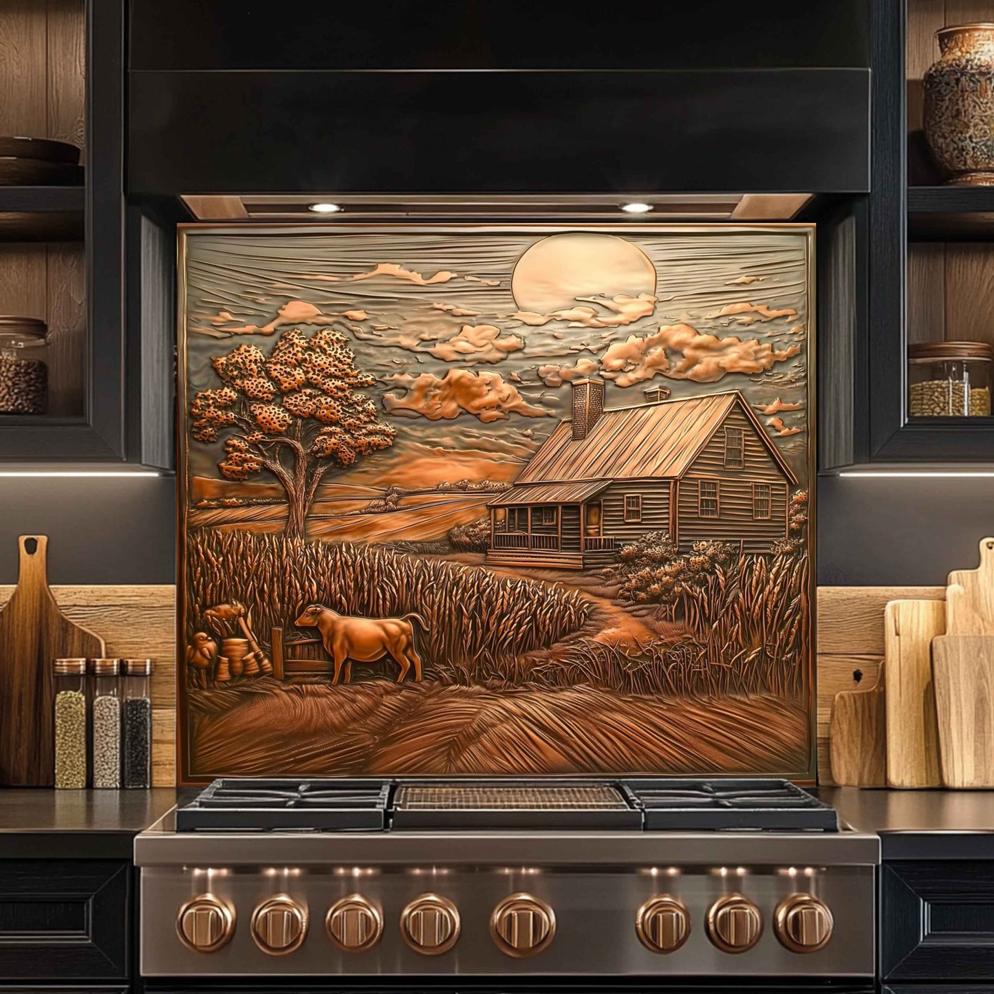 Stainless steel stove with decorative backsplash featuring a rustic landscape scene.