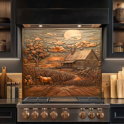 Stainless steel stove with decorative backsplash featuring a rustic landscape scene.