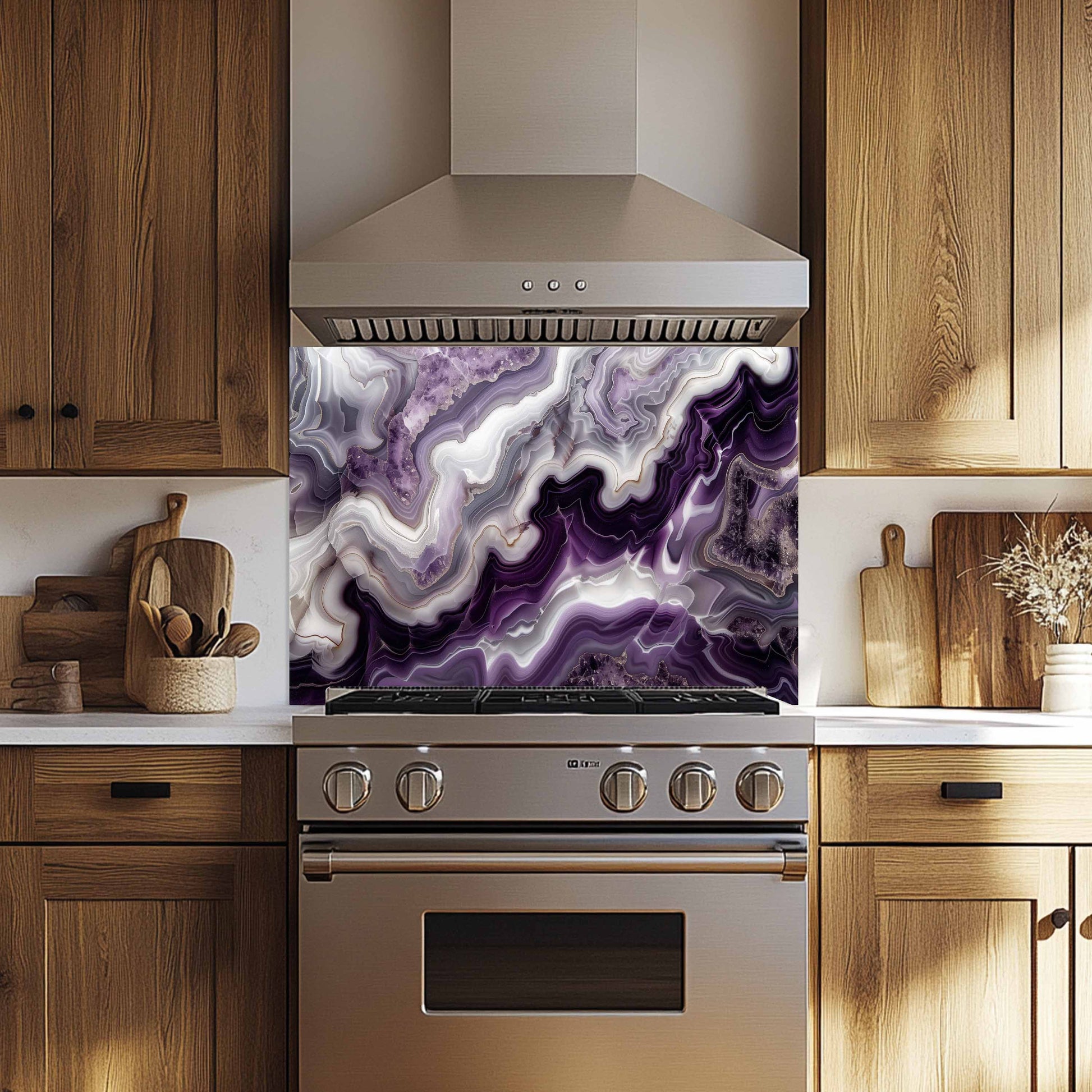 Kitchen with a decorative backsplash featuring purple and white marbled pattern.