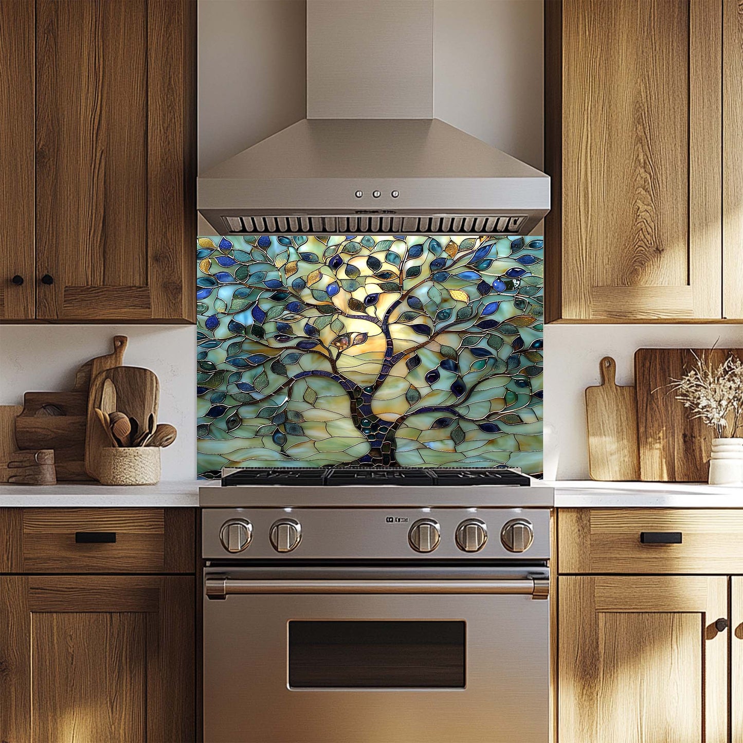 Kitchen with a decorative glass splashback featuring a tree design.