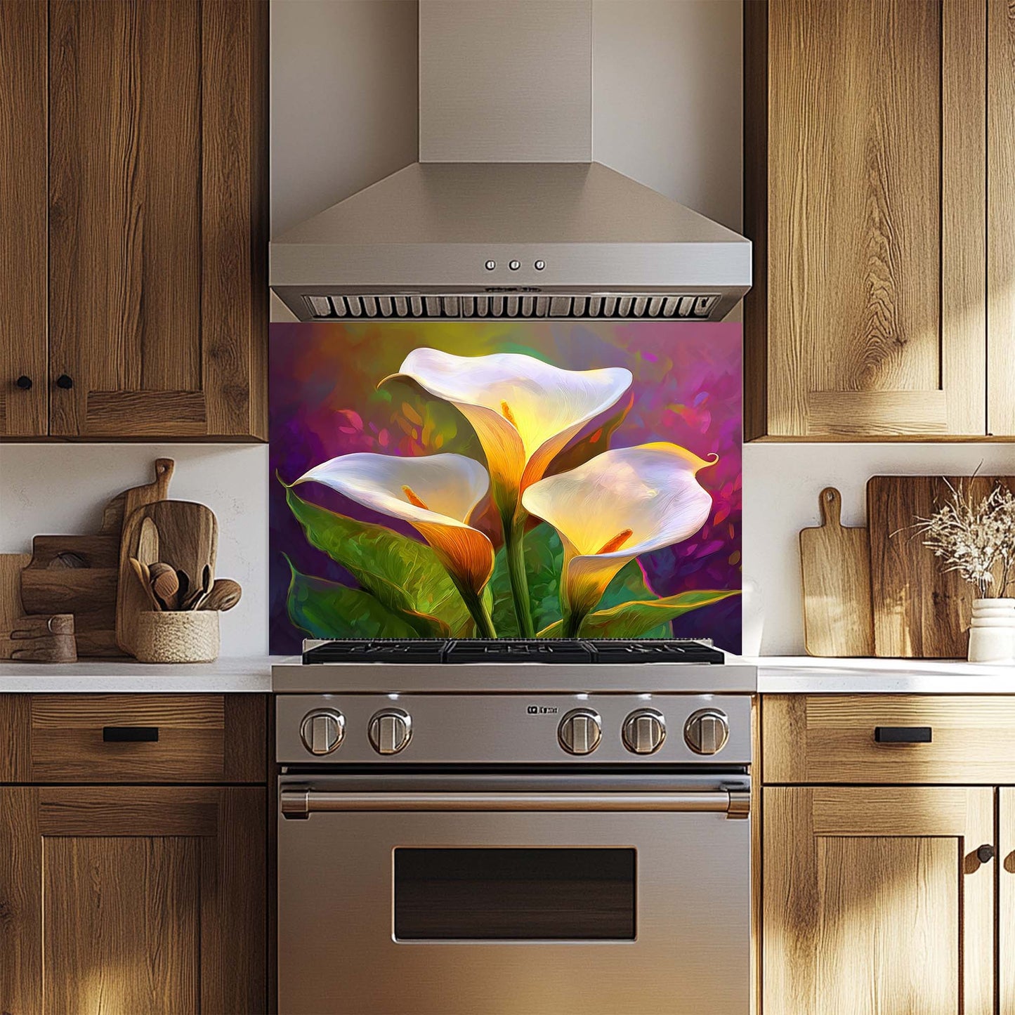 Kitchen with a decorative glass splashback featuring colorful flowers above a stove.