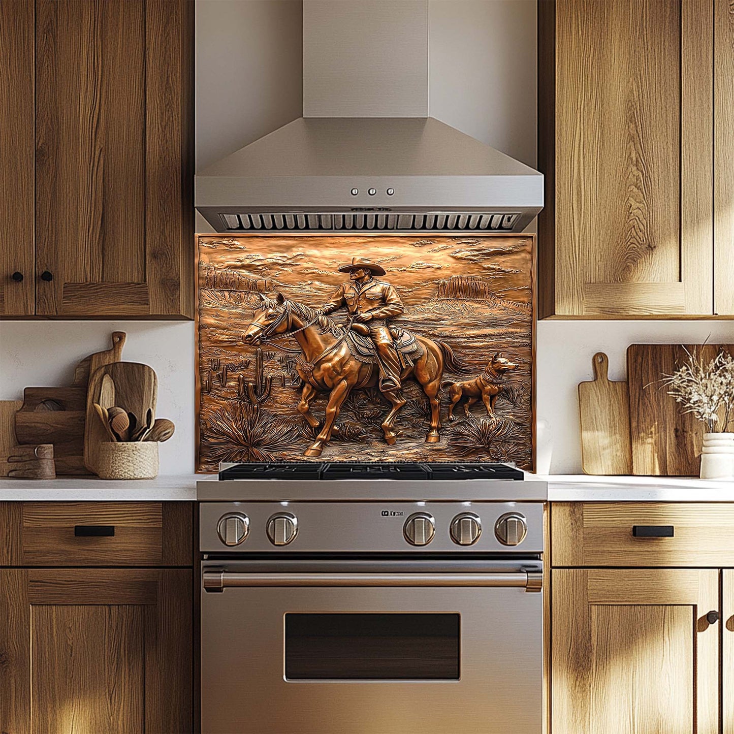 Copper western panel with cowboy on horse and dog in desert – tempered glass backsplash kitchen decor