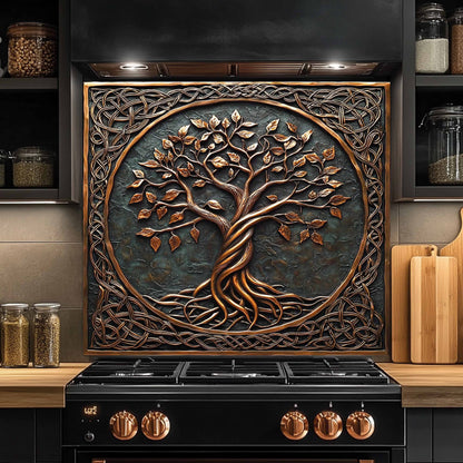 Decorative backsplash with a tree design above a stove in a kitchen.