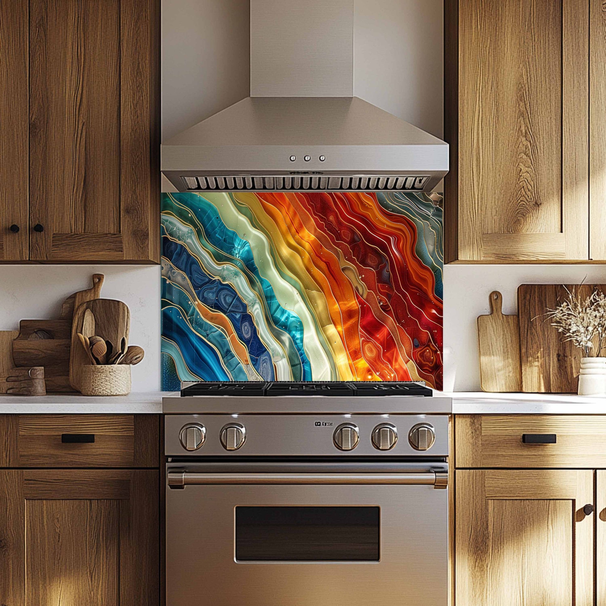 Kitchen with a colorful glass backsplash above a stove.