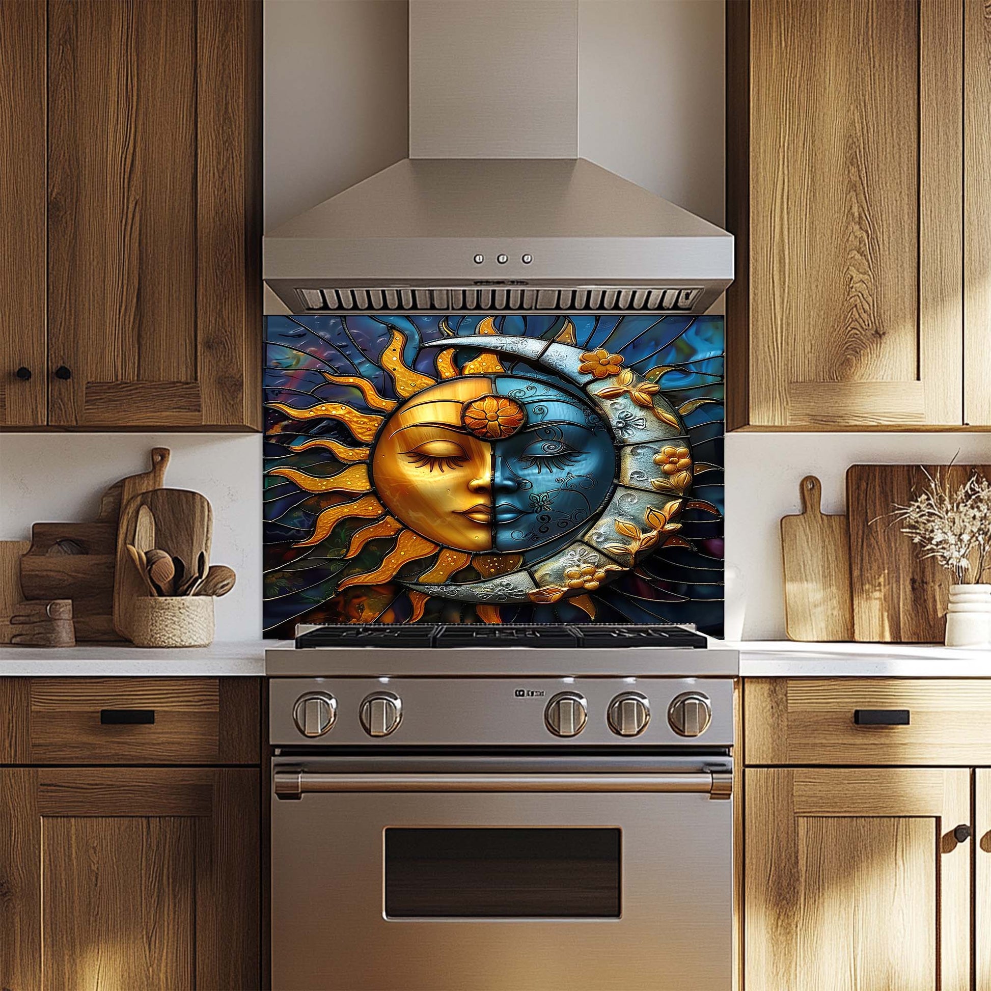 Stainless steel oven with decorative sun and moon design glass backsplash in a kitchen setting