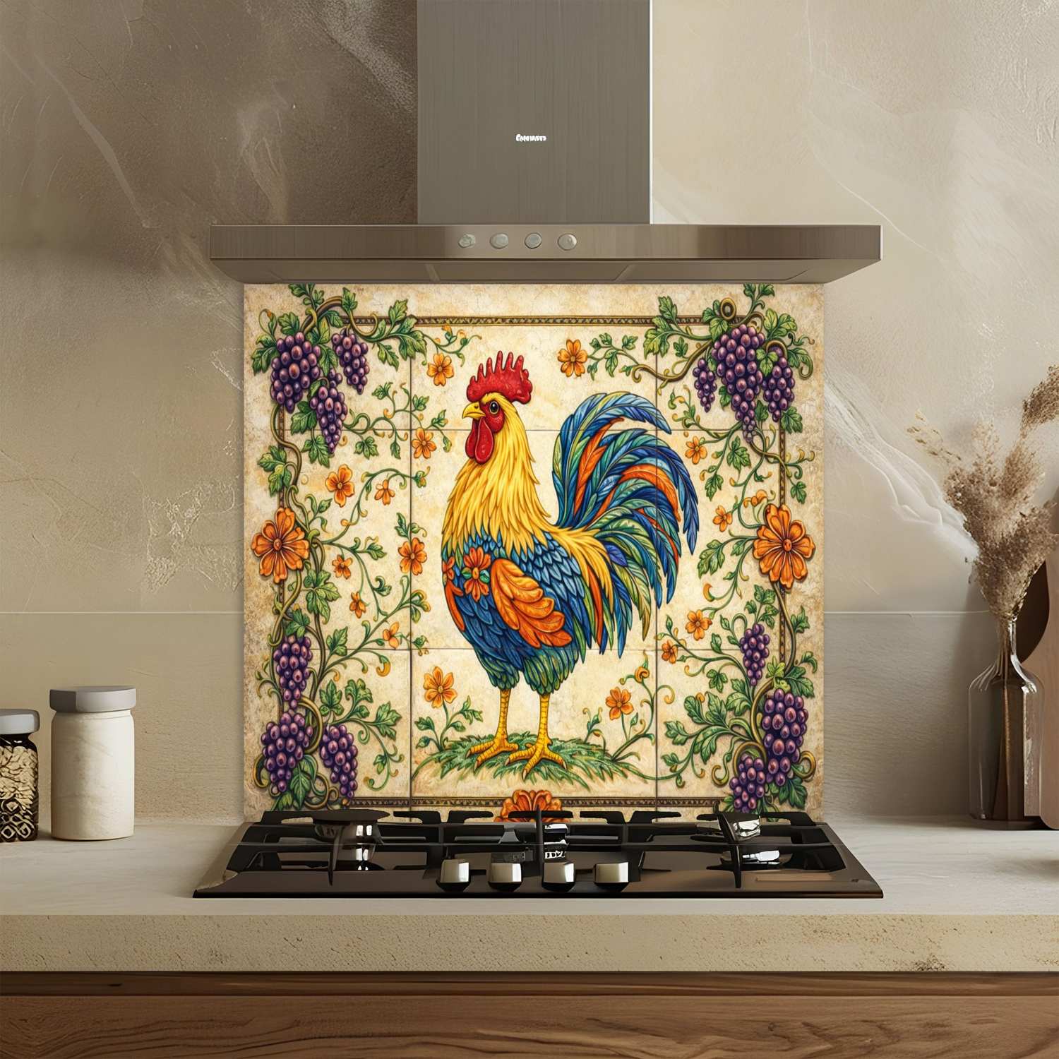 Kitchen stove with a decorative backsplash featuring a rooster and floral design.