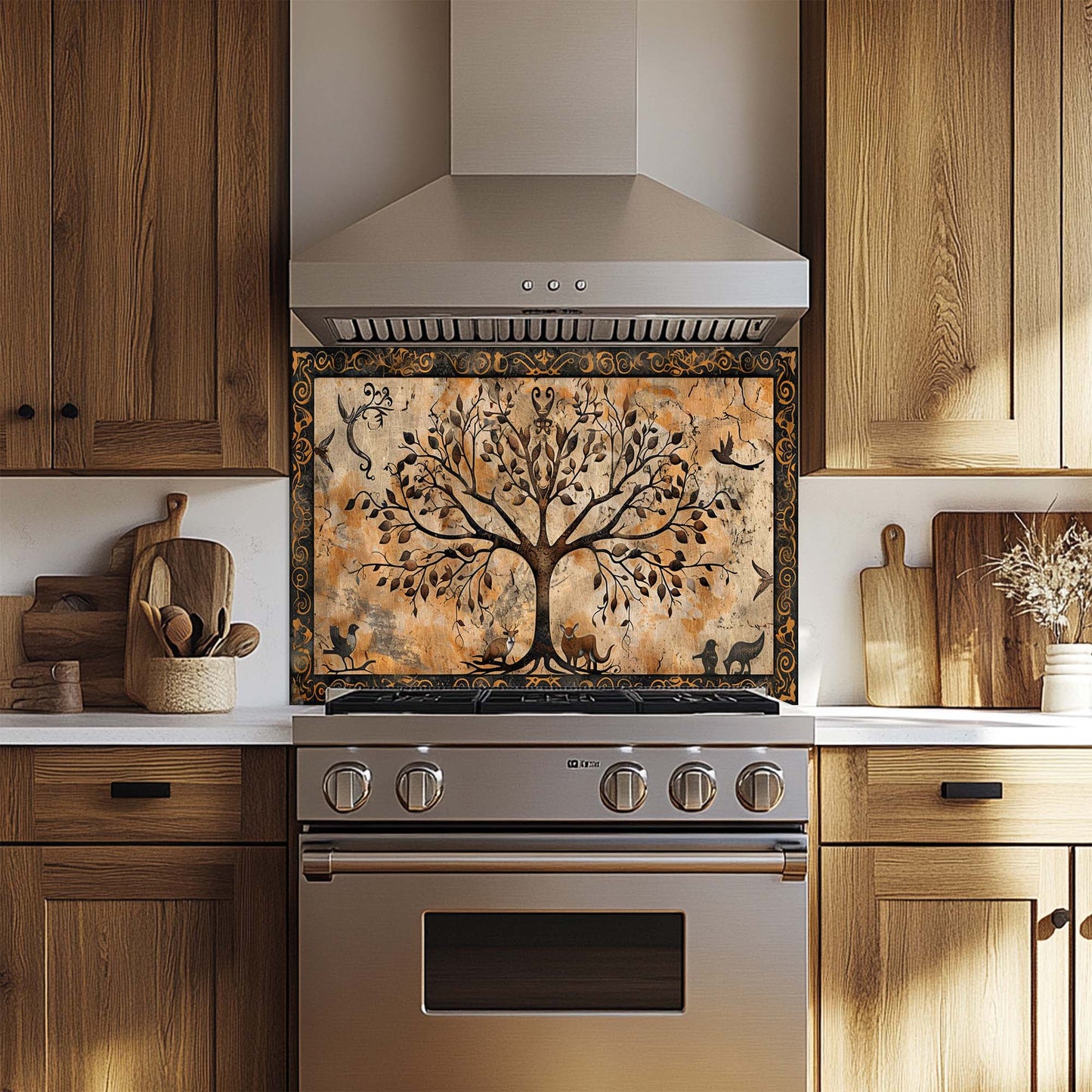 Stainless steel oven with decorative glass backsplash featuring a tree design in a kitchen setting.