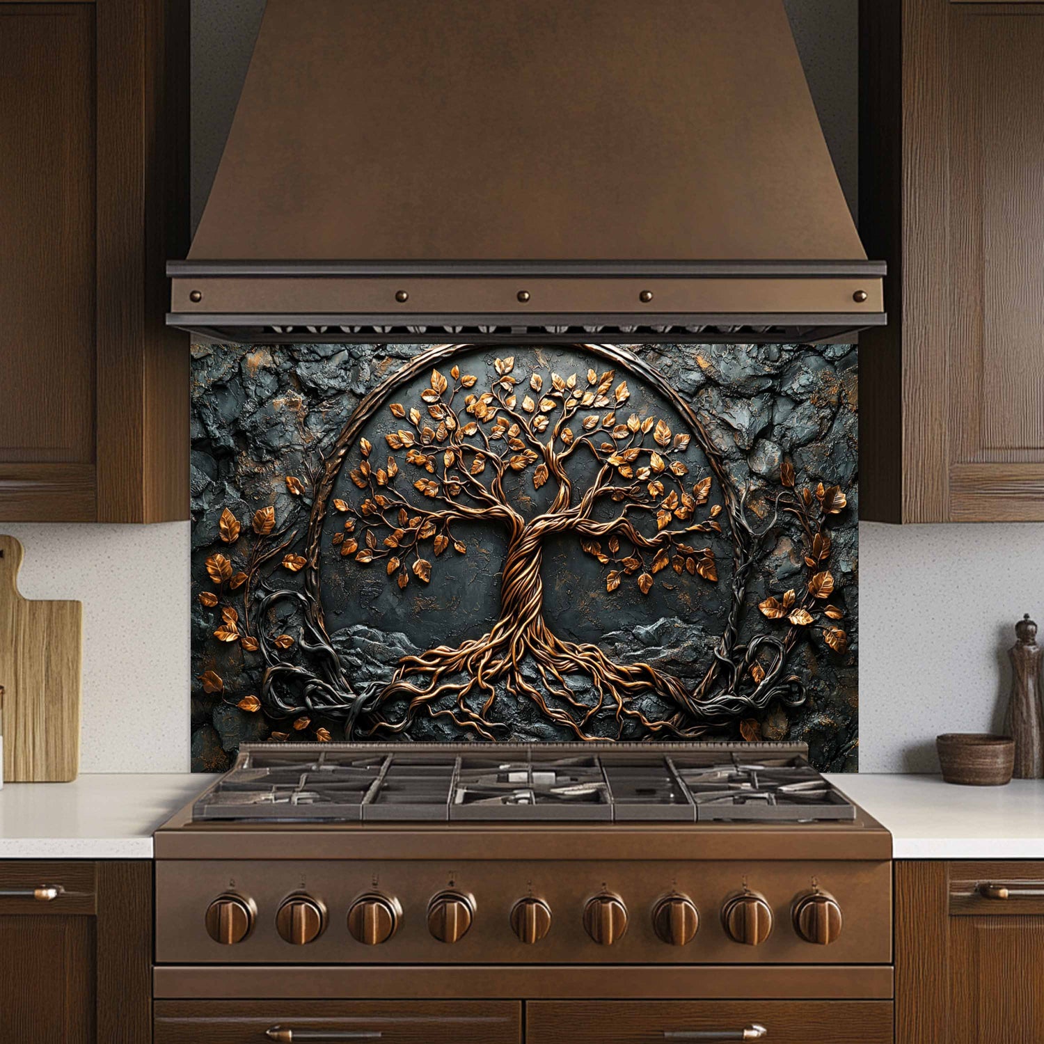Decorative kitchen stove with tree design on the back splash