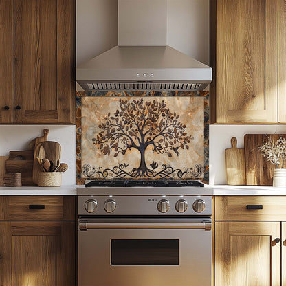 Kitchen with wooden cabinets, stainless steel stove, and decorative glass backsplash