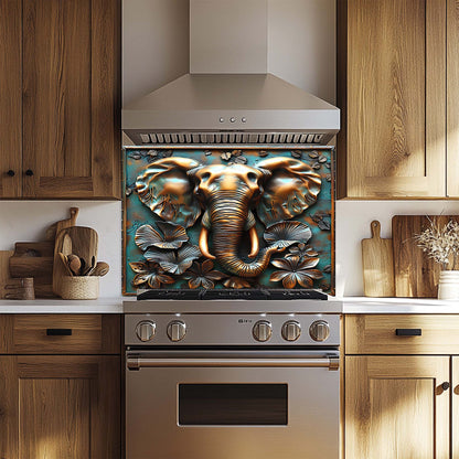 Decorative backsplash with elephant design above a kitchen stove.